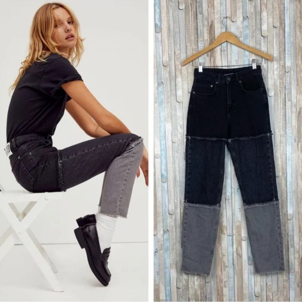 The Ragged Priest 28 High Rise Waist Black Stripe‎ 3 Panel Mom Jeans Free People